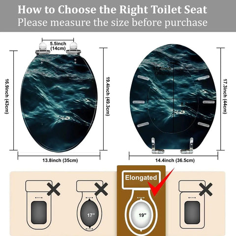 Toilet Seat Elongated Resin for Bathroom showing size measurements 19.4" x 16.9" with installation guidance.