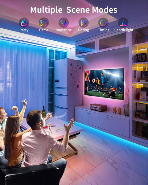 Living room with Color Changing 50ft RGB LED Strip Lights With Bluetooth Music Sync Remote Control Waterproof Outdoor Rope Lights and TV