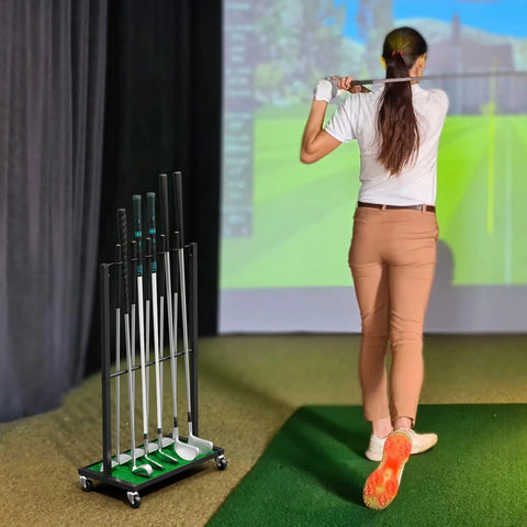 Sturdy Ten Club Golf Storage Rack Stand For Garage And Home Golf Simulator Holds Ten Clubs shown with golfer in simulator