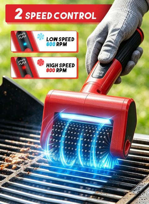 Gloved hand using Beast 800 RPM Cordless Grill Scrubber With LED Light on BBQ grate