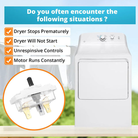 Push To Start Dryer Switch Replacement WE4M416 For Hotpoint Kenmore Dryers displayed with common dryer issues list
