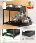 Three Pack Under Sink Organizers With Smooth Sliding Drawers And Heavy Duty Mesh Bins, Adjustable Kitchen Cabinet Storage Rack in black with metal bins.