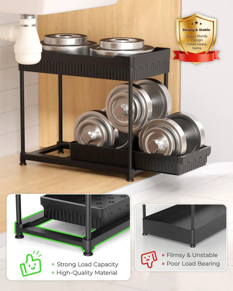 Three Pack Under Sink Organizers With Smooth Sliding Drawers And Heavy Duty Mesh Bins, Adjustable Kitchen Cabinet Storage Rack in black with metal bins.