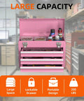 Heavy Duty Metal Tool Chest With Drawers Pink Powder Coated Finish Portable And Secure Garage And Home Storage Scratch Absorbing Liner Drawers Rugged Tool Organizer For Pros And Diyers On The Go displayed in a workshop