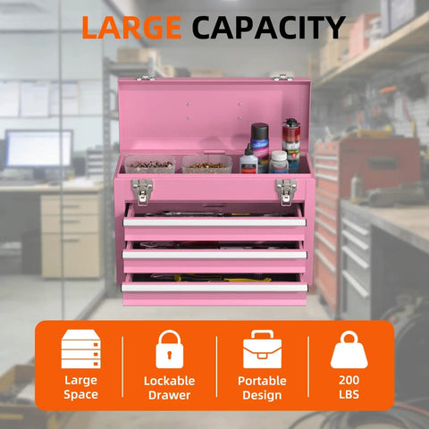 Heavy Duty Metal Tool Chest With Drawers Pink Powder Coated Finish Portable And Secure Garage And Home Storage Scratch Absorbing Liner Drawers Rugged Tool Organizer For Pros And Diyers On The Go displayed in a workshop
