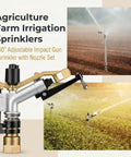 Two Pack One Inch Agricultural Irrigation Sprinkler With Spray Gun Heads Built For Heavy Duty Farm And Garden Tasks Featuring Wide Radius Coverage And Drop Dead Easy High Flow Operation, showing adjustable impact nozzle.