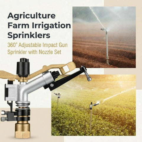 Two Pack One Inch Agricultural Irrigation Sprinkler With Spray Gun Heads Built For Heavy Duty Farm And Garden Tasks Featuring Wide Radius Coverage And Drop Dead Easy High Flow Operation, showing adjustable impact nozzle.