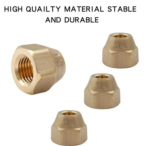 Premium Quarter Inch Brass Flare Nuts 10 Pack Corrosion Resistant Hardware For Fuel Oil Gas And Vacuum Lines Built Tough For High Pressure Auto Repair With Rock Solid Seals Every Time, showing four brass flare nuts in varying angles.