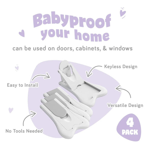 Easy Install Baby Proof Cabinet Locks For Cabinets And Drawers Sliding Door Lock Latches For Babies No Drill Tape On Safe White Set Of Four, keyless design shown.