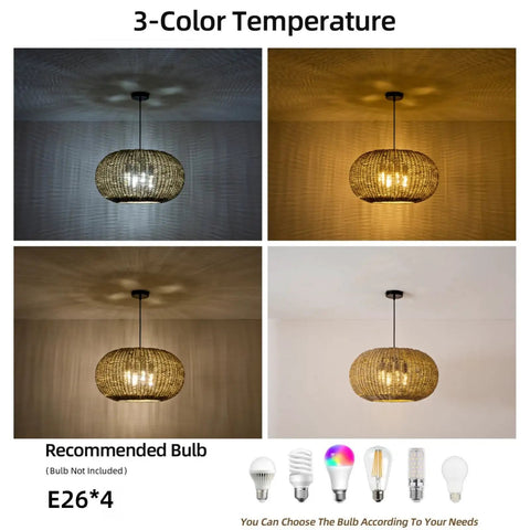 Large 22.83 Inch Rattan Boho Chandelier With Hand Woven Wicker, 4 Light Pendant Ceiling Fixture, 3-color temperature options