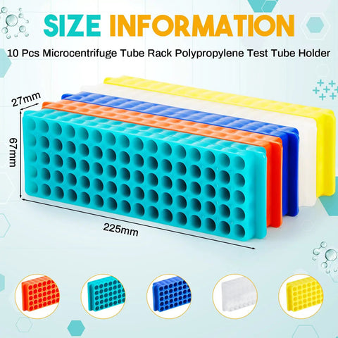 Ten Pack Double-Sided Tube Rack With 80 And 60 Hole Plates, Vial Holder For 0.2mL To 2mL Centrifuge Tubes, Polypropylene, Assorted Colors