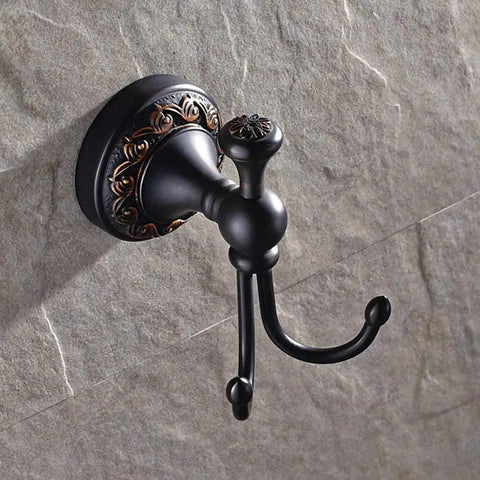 Oil Rubbed Bronze Towel Hooks Set, Antique Brass Robe Hooks on floral base, mounted on stone wall, double coat hanger.