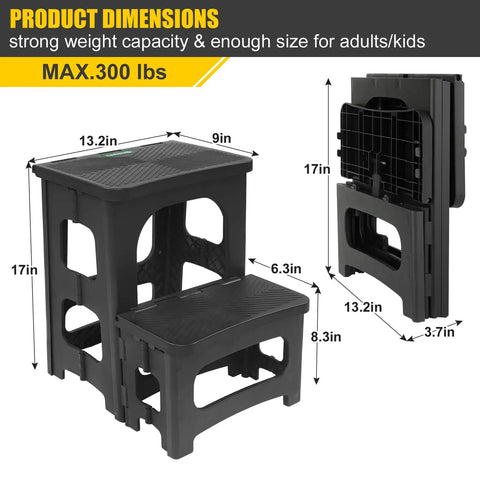 Foldable 2 Step Stool for Adults and Kids Non Slip Portable Grab And Go Stool dimensions and folded view