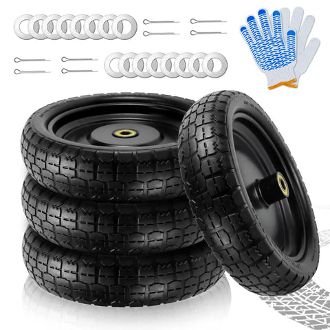Beefed Up Heavy Duty 13 Inch Flat Free Wheel Replacement Set For Wheelbarrows Garden Carts And Trolleys 4 Pack with accessories