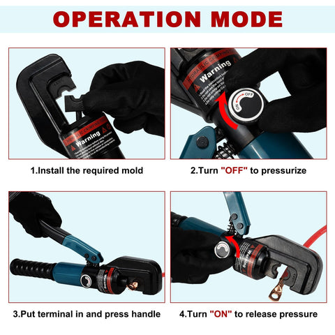 Operation instructions for Heavy Duty Hydraulic Crimping Tool And Cable Cutter Kit For 12 AWG Up To Two Zero Gauge Wires And One Eighth Inch Stainless Steel Wire Rope Pro Grade Tool With Nine Die Sets And Handy Storage Case.