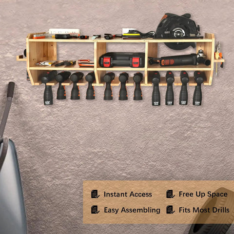 Heavy Duty Wall Mounted Power Tool Organizer With 12 Slots For Drill, Wrench, Screwdriver And Circular Saw on a workshop wall