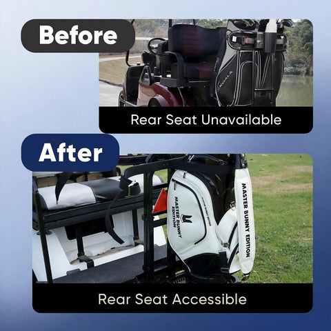 Before and after photos showing a Rear Seat Golf Cart Bag Holder With Foldable Rack And Safety Grab Bar Up To 8 Inches Easy No Drill Install.