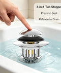 Bathtub Drain Stopper Pop-Up Tub Stopper Hair Catcher in chrome, pressed down in water, showing hair catcher design and function.