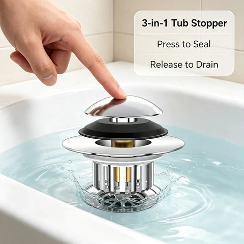 Bathtub Drain Stopper Pop-Up Tub Stopper Hair Catcher in chrome, pressed down in water, showing hair catcher design and function.