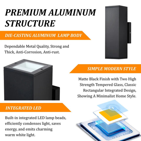 Outdoor Dimmable Wall Lights 2 Pack Dope Led Up Down Square Design 12W 2700K Warm White Waterproof Aluminum Exterior Fixtures