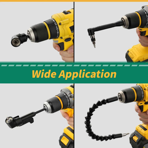 GRENPRO 19-piece flexible drill bit extension kit by Amazon, yellow cordless drill front view
GRENPRO 19-piece kit by Amazon, side view showing 105° right-angle attachment and bits
GRENPRO 19-piece kit close-up of bendable extension with rotatable socket adapters
GRENPRO 19-piece kit installed, bendable gooseneck extension reaching into tight spaces