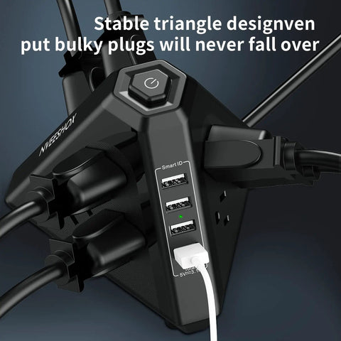Three Side Power Strip Tower With Nine Outlets And Four USB Ports Thirteen In One Surge Protector angled view showing USB ports
