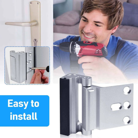 Door Reinforcement Lock Two Pack Heavy Duty Home Security Lock That Withstands Up To 800 Lbs Kid Proof Top Door Latch For Toddlers Inside Night Defender For Inward Swinging Doors Rugged Aluminum Build being installed