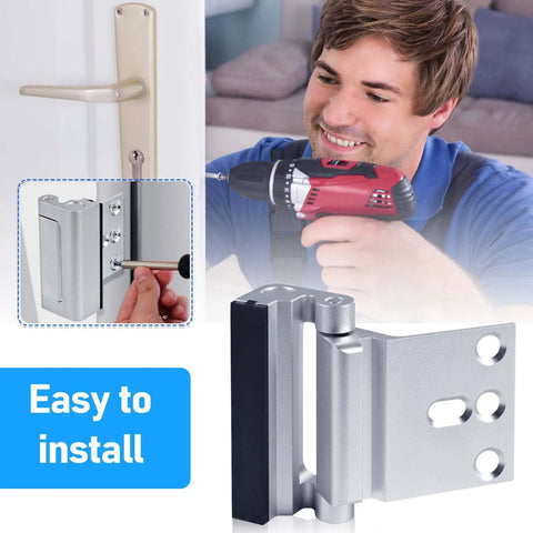 Heavy Duty Door Reinforcement Lock Set 4 Pack Withstands 800 Lbs being installed on inward swinging door by a person using a drill