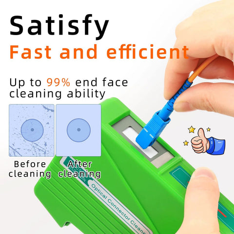 Front view of a green optical fiber connector cleaner cassette cleaning FC/SC/ST/LC/MU/D4 connectors with a blue plug.