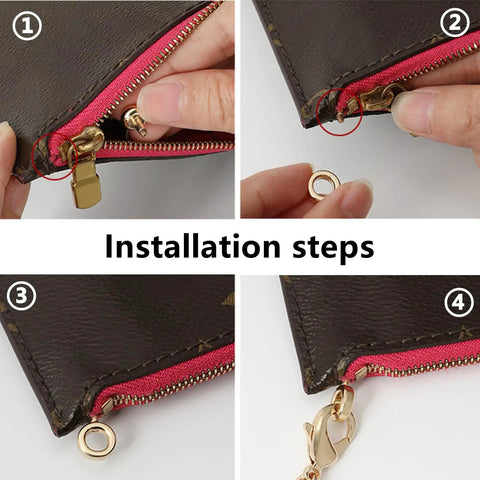 Installation steps for Two Piece Copper Zipper Insert Buckle Kit For Purses And Pouches Handbag Repair DIY Clip For Pochette Small Bag Chain Strap Metal Buckles Replacement Easy Install Zipper Handle Repair