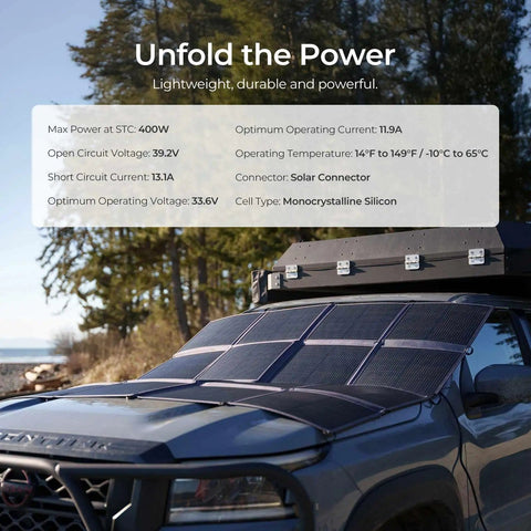 400W Portable Solar Blanket With 16-Fold Design on truck hood for off-grid power, visible specs display, camping background