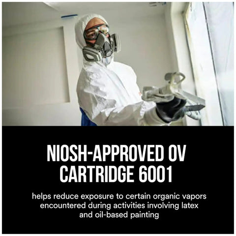 Person wearing respirator using Performance Supply Kit For Paint Jobs With 6000 Series Replacement Cartridges And P95 Filters