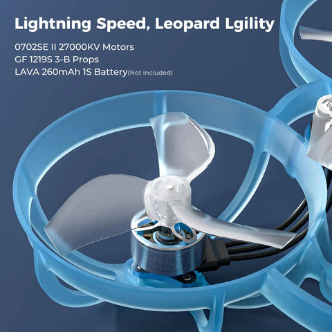 Close-up of ELRS V3 Air65 Brushless Whoop Quadcopter showing 0702SE II 27000KV Motors and GF 1219S 3-B Props.