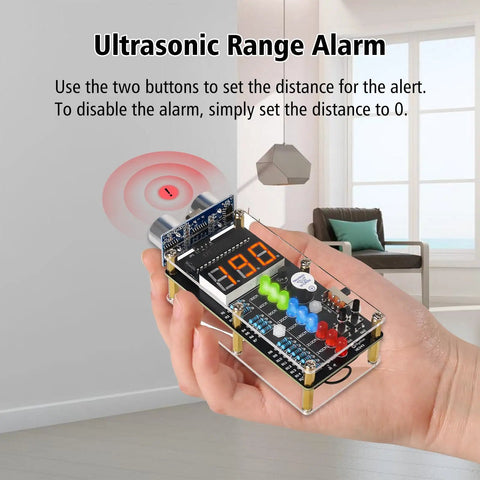 Hands-On Ultrasonic Distance Sensor DIY Kit With LED Indicators And Ranging Alarm HC-SR04 Compatible in a person's hand
