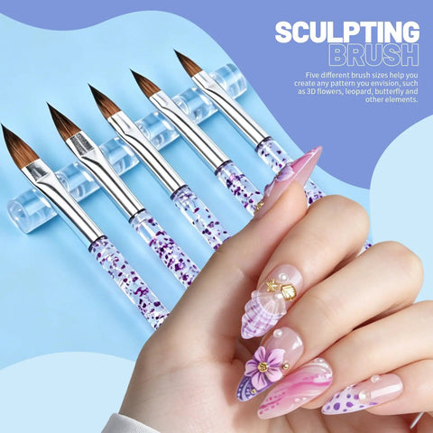 Nail Art Tools Set With 23 Pcs Brushes And 5 Pcs Dotting Tools, close-up of purple sculpting brushes and decorative nails.