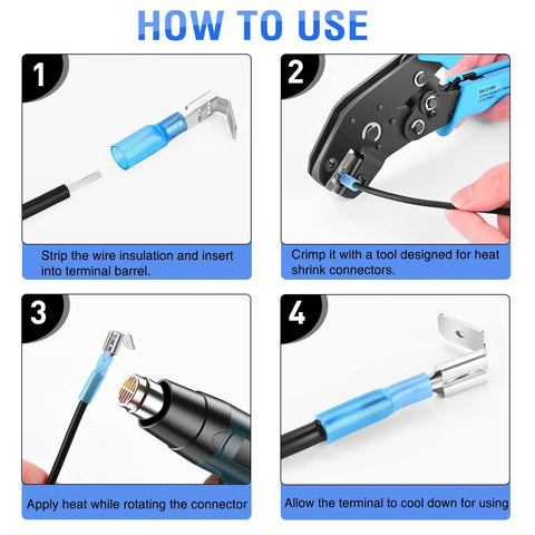 Instructions for using Heat Shrink Piggy Back Spade Terminals Assortment Kit For Auto Cars Trucks Boats 22-16 16-14 12-10 AWG