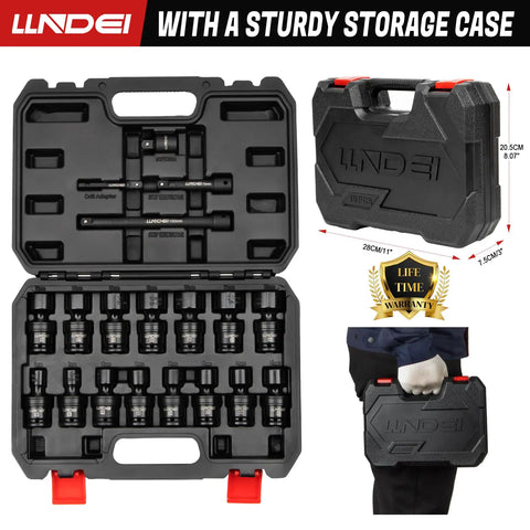Three Eighths Inch Drive Universal Impact Socket Set, 19 Pieces CR-MO Beefy Swivel Wobble Sockets Metric 8-22mm in black case