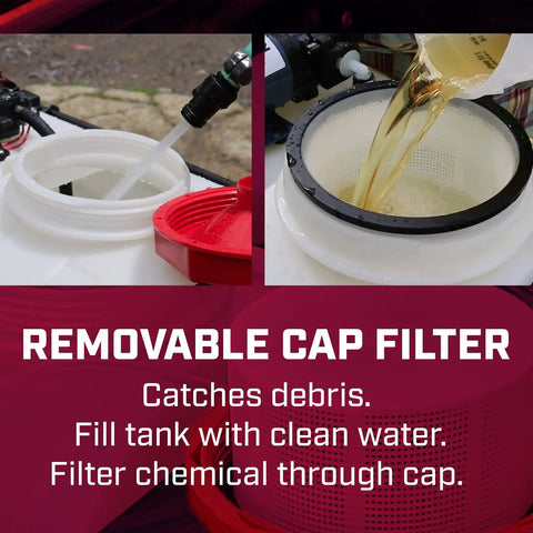 Filling and filtering process on Made In The USA 15-Gallon Tow-Behind Sprayer For ATV UTV And Lawn Care with removable cap filter