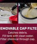 Close-up of Made In USA 25 Gallon ATV UTV Sprayer cap filter and translucent tank filling, demonstrating the removable filter process.