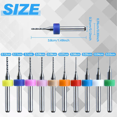 10 carbide micro drill bits from the 50Pcs PCB Drill Bits Set 0.3mm-1.2mm for circuit boards, with color-coded rings for size identification.
