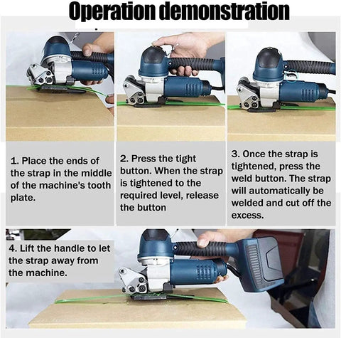 Operation demonstration of No Sweat Automatic Strapping Tool For 13 To 19 Mm PP PET Bands, showcasing tightening and welding process.