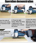 Operation demonstration of No Sweat Cordless Electric Strapping Tool For PP And PET Straps featuring step-by-step guide.