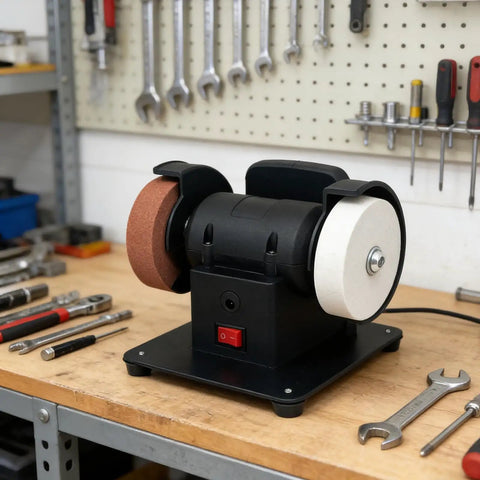 Hot New 18V Lithium Battery Grinding Machine With Double Wheels For Coarse And Fine Tasks on workbench with tools and wrenches.