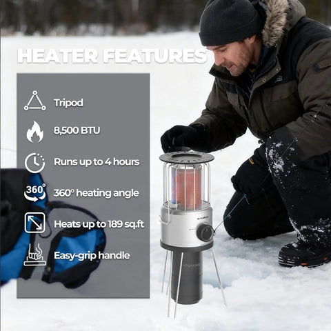 Man using 8,500 BTU Portable Propane Heater For Outdoors With Tilt Switch And Two Speed Heating, Lightweight 4.2 Lb With Carry Bag on ice
