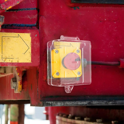 Protective Cover For Push Start And Emergency Stop Buttons For Industrial Control Panels And Home Gear Heavy Duty Plastic That Shrugs Off Dust Built Up Clear Window For Easy Visual Monitoring on red panel