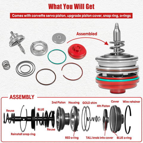 High Performance Servo Piston Assembly Beefed Up Upgrade Kit For GM 700R4 4L60E 4L65E 4L70E Transmissions With Cover Snap Ring And Pin Aluminum Alloy Durability For Heavy Duty Trucks, assembled parts diagram