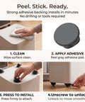 Peel and stick installation process for Four Pack Mini Swivel Caster Wheels With Secure Locking Brake And Heavy Duty Self Adhesive Backing.