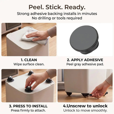 Peel and stick installation process for Four Pack Mini Swivel Caster Wheels With Secure Locking Brake And Heavy Duty Self Adhesive Backing.