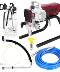 Heavy Duty Slick Airless Paint Sprayer With 1800W Motor And Stainless Steel Stand, includes spray gun and hoses.