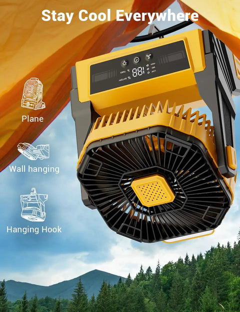 Portable Camping Fan With Lights And 20000mAh Battery Powered Outdoor Fan hanging in a tent with mountain view